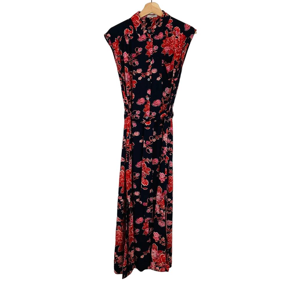 FRNCH Paris Sleeveless Maxi Shirt Dress Black with Red Floral Women's Size Small